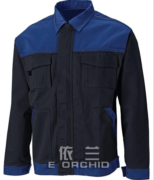 耐油耐臟長袖機修工作服正面圖 藍色拼接