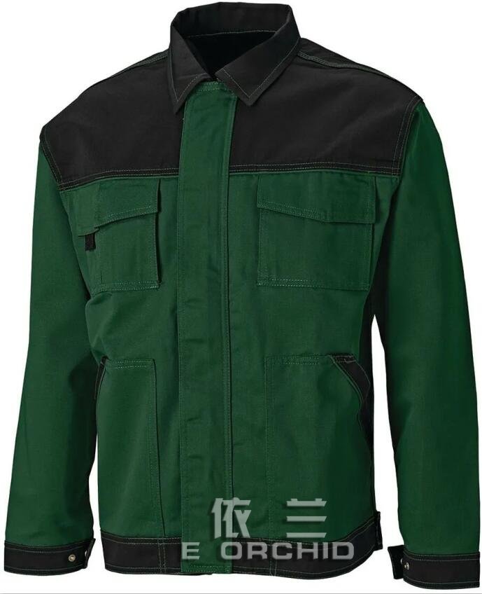 耐油耐臟長袖機修工作服正面圖 綠色拼接
